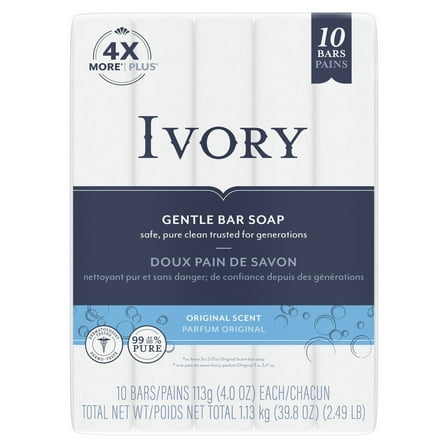 Ivory Gentle Bar Soap, Original Scent, 4 Oz, 10 Count