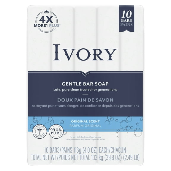 Ivory Gentle Bar Soap, Original Scent, 4 Oz, 10 Count