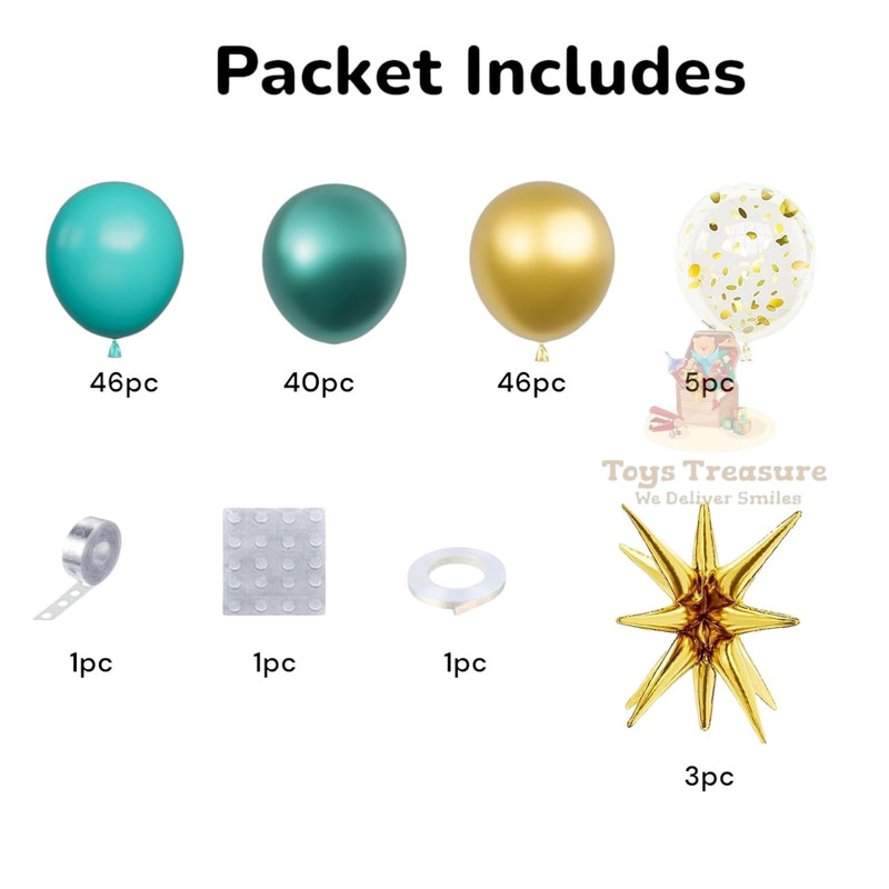 BalloonBuzz 140pcs Teal and Golden Balloons, Balloons Arch Kit | Confetti Latex Balloons Golden Star Foil Balloon for Birthday Anniversary Party Decorations (Teal Gold)
