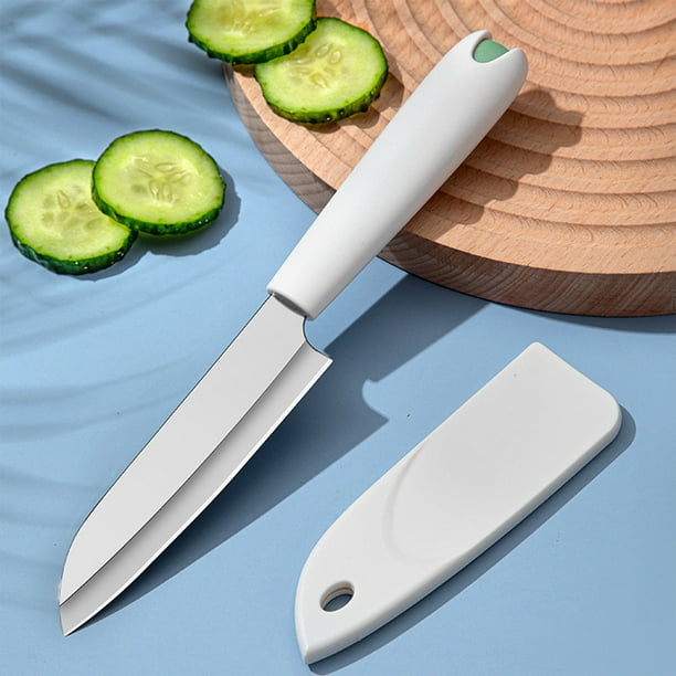Cuchillo de fruta de acero inoxidable, cuchillo portátil para pelar, ideal para cocina y viajes, herramienta para preparar alimentos, hoja de metal blanco con mango ergonómico, juego de 1 pieza.