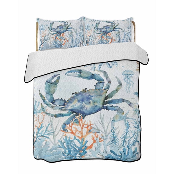 Teal Crab Quilts Bedding Set King Size Coral Starfish Underwater Marine Life Coastal Lightweight Quilted Bedspread 3 Piece Bed Quilt with 2 Pillow Shams All Season for Bedroom 90" x 96"
