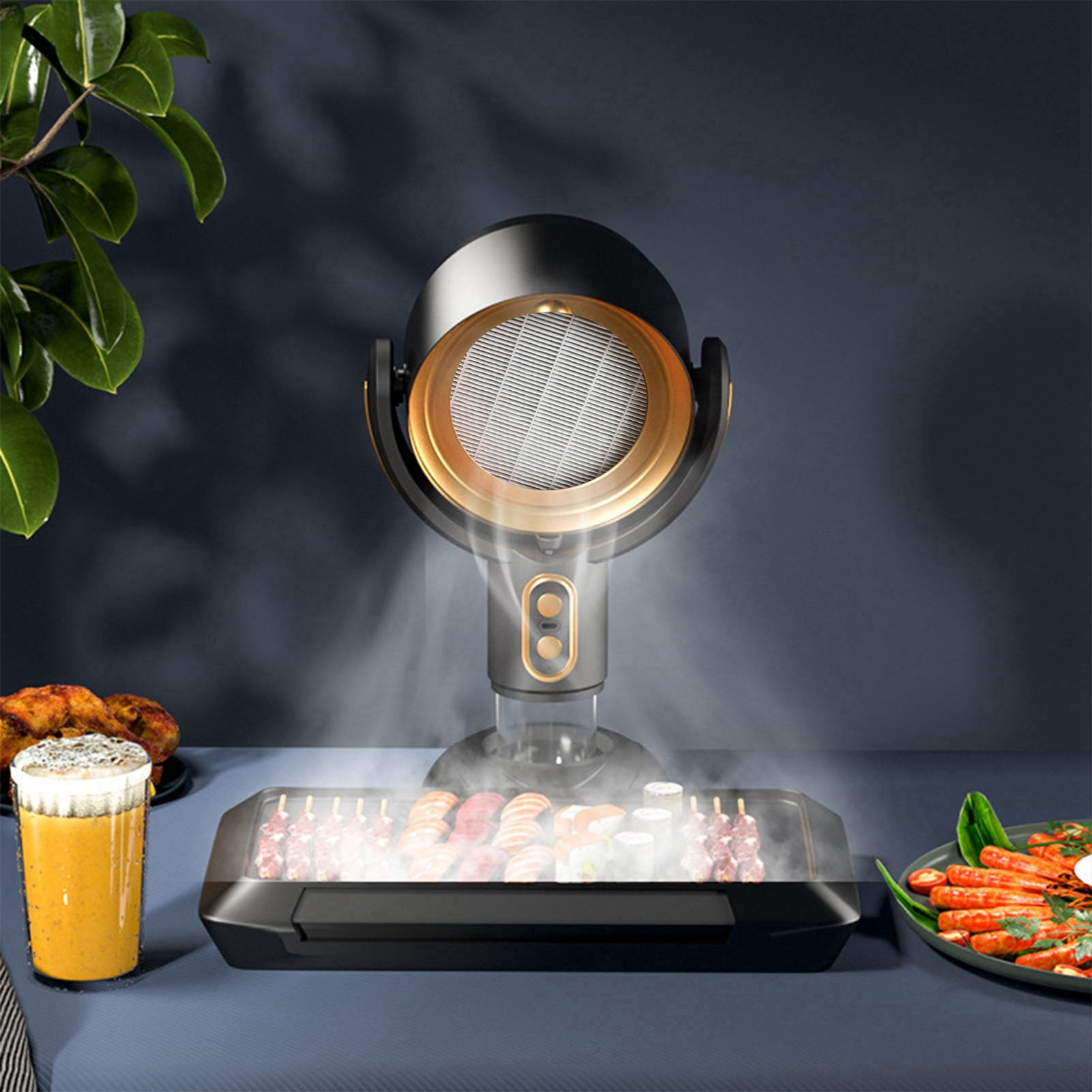 BIMZUC Desktop Range Hood 2 Speed Negative Ion USB Powered Portable Kitchen Exhaust Fan for Apartment 5V 8W, Black and Gold