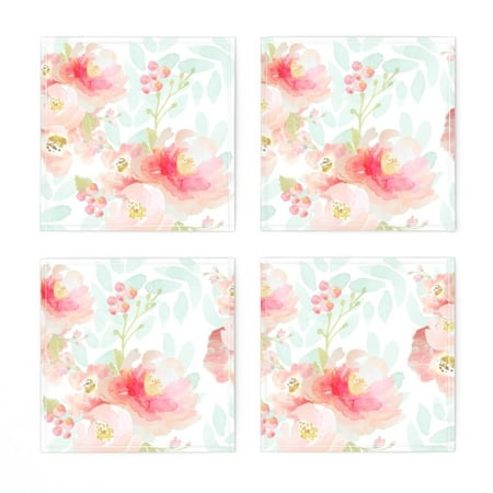 

Linen Cotton Canvas Cocktail Napkins (Set of 4) - Bloom Pink Plush Florals Water Color Nursery Girls Room Blue Floral Baby Girl Decor Print Cloth Cocktail Napkins by Spoonflower