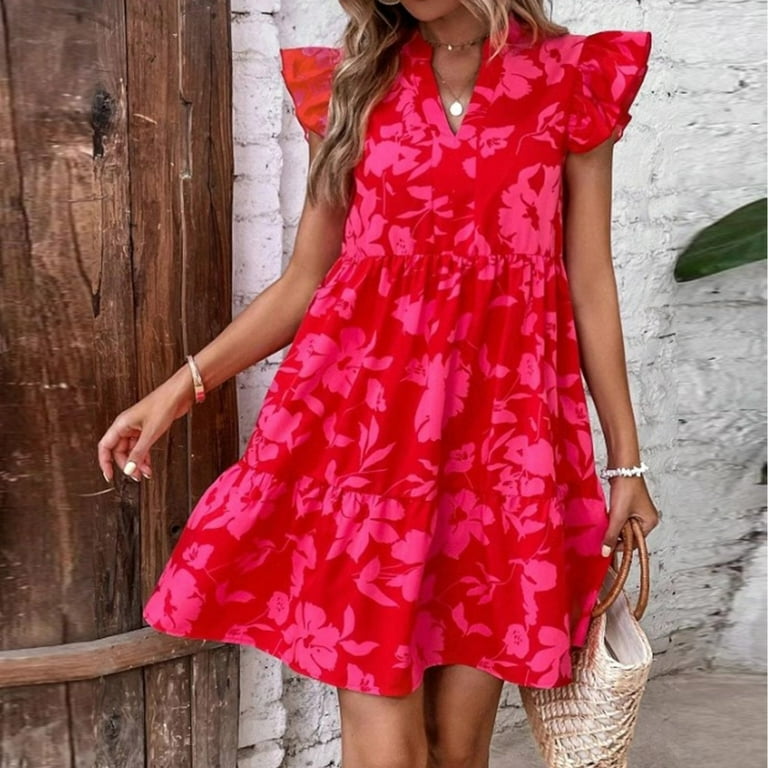 Sakmal Elegant Dresses for Women Floral Ruffle Short Sleeve Red Comfort Fit Mid-Length Shift Dress