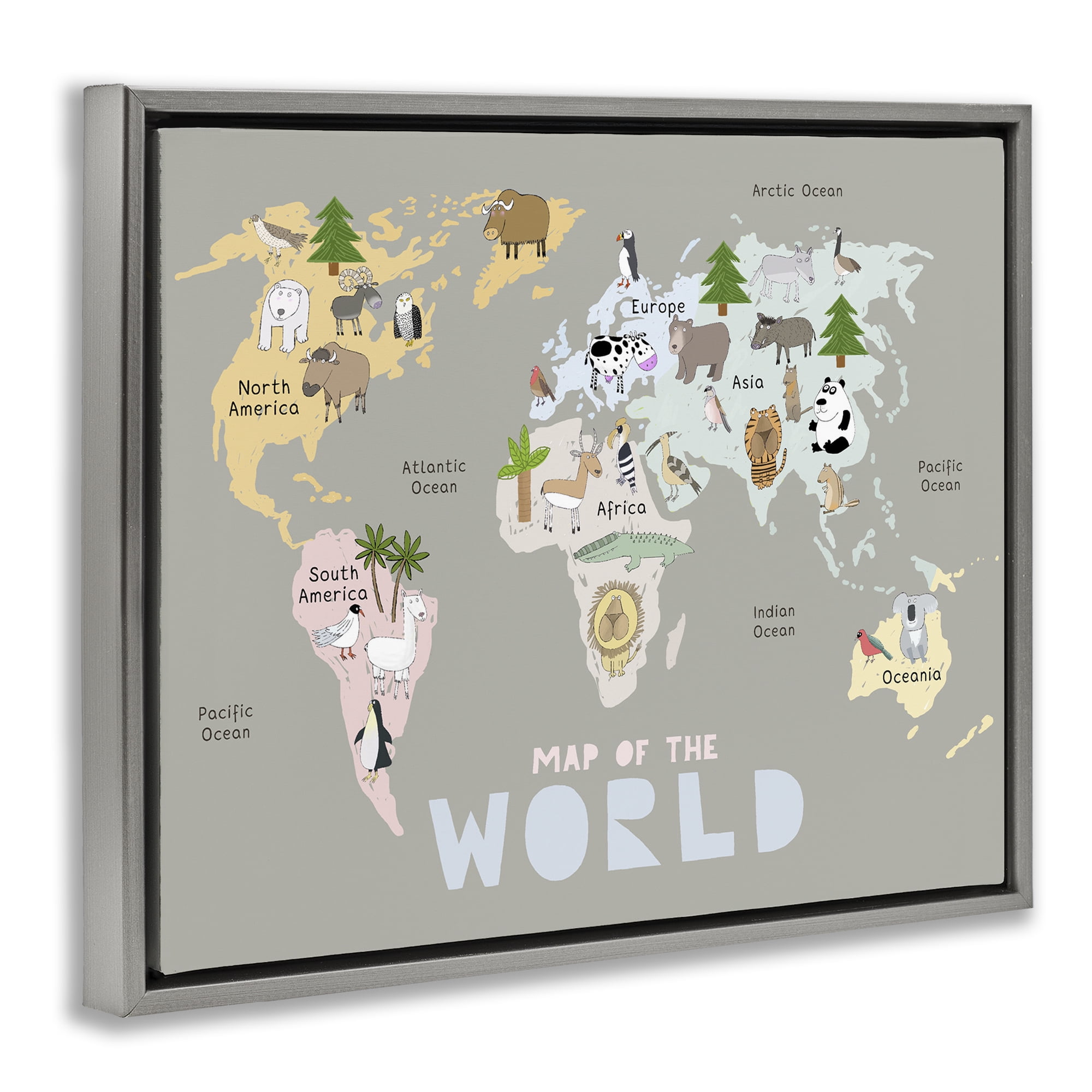 Kid's Map Of World Grey Gray Framed Floater Canvas Wall Art, design by Carla Daly