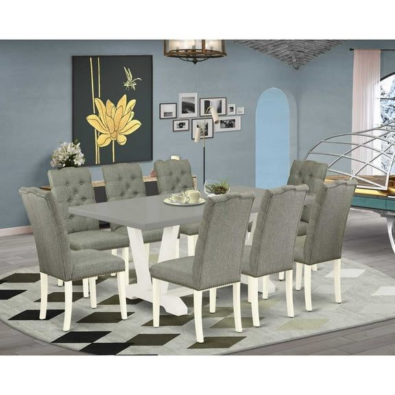 East West Furniture 9-Pc Dinette Set- 8 Mid Century Dining Chairs with Smoke Linen Fabric Seat and Button Tufted Chair Back - Rectangular Table Top & Wooden Legs - Cement and Linen White Finish