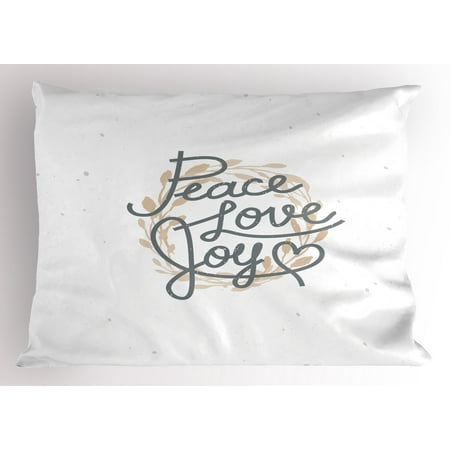 Peace Love Pillows Joy Pillow Sham Peace Love and Joy Heart Shape with Faded Wreath Pattern Background Ornamental Print, Decorative Standard Size Printed Pillowcase, 26 X 20 Inches, Beige Grey, by Ambesonne ()
