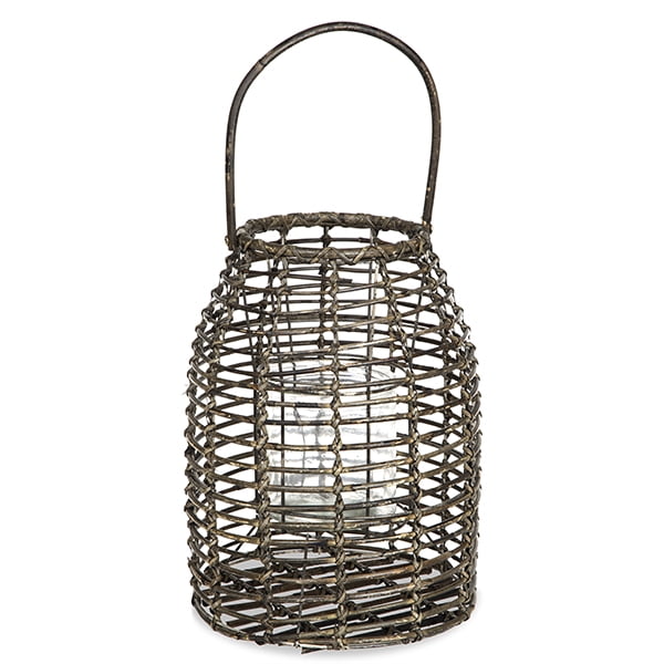 Rattan Lantern with Glass Candle Holder Slim Brown