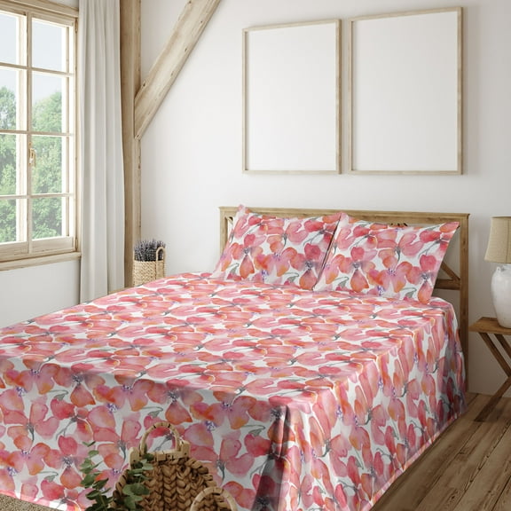 Ambesonne Poppy Pattern Fitted & Flat Sheet with Shams 4 Pcs Set, Art Watercolor Floral, King, Dark Coral Pale Pink