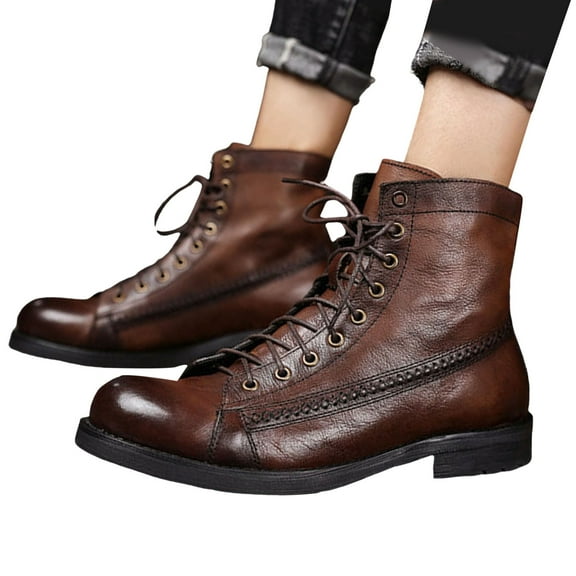 Juosiy Mens Patent Leather Combat Boots Fashion Side Zipper Lace Up Non Slip Motorcycle Booties