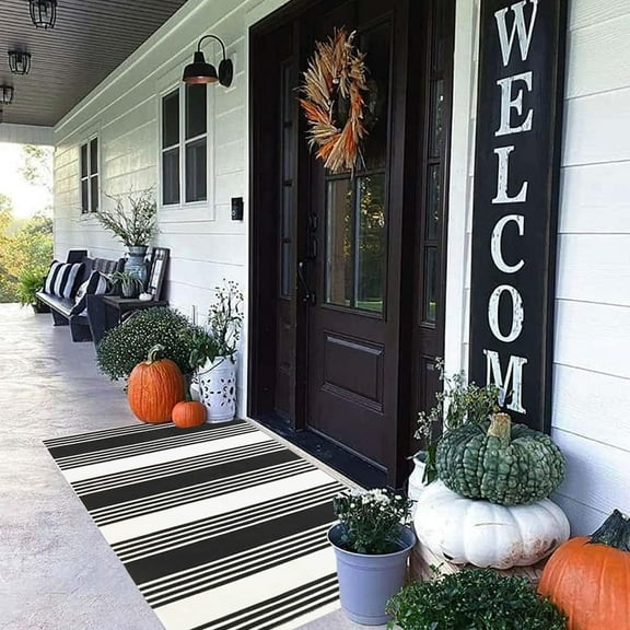 KaHouen Black and White Striped Rug 27.5 x 43 Inches Cotton Hand-Woven Reversible Foldable Washable Outdoor Rug Stripe for Layered Door Mats Porch/Front Door (Birmingham Stripe)