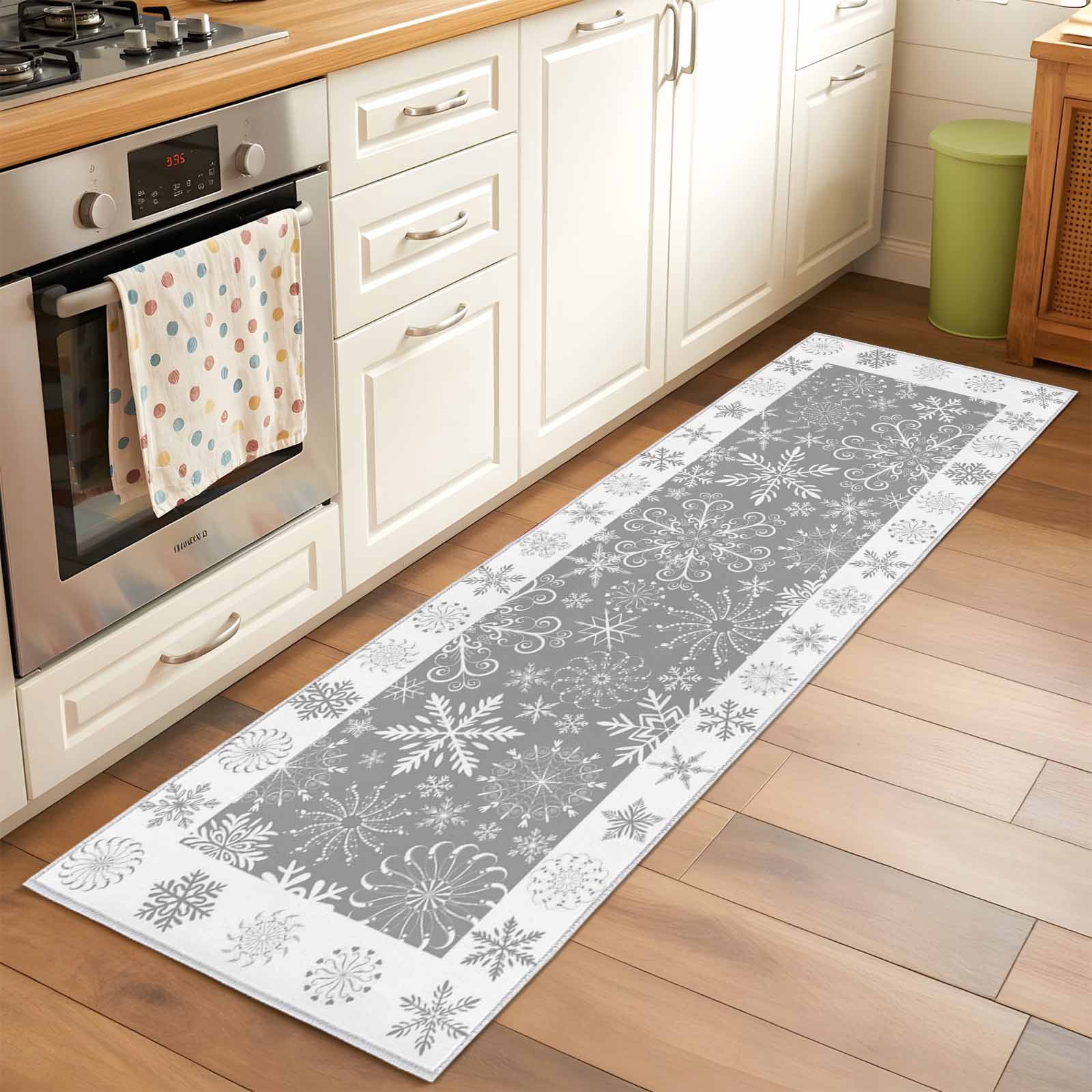 Snowflakes Christmas Kitchen Runner Rug 2x6 Washable Runners for Hallway Non Slip Grey Xmas Winter Vintage Large Area Rug Indoor Floor Carpet for Bathroom Laundry Entryway Bedroom Living Room