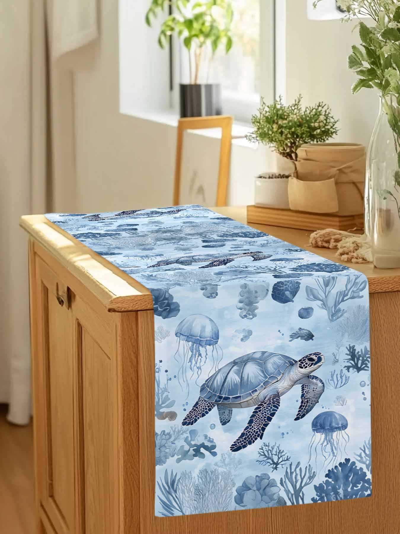 Sea Turtle Jellyfish Blue Ocean Table Runner 90 Inches Long, Coral Marine Life Table Runners Tabletop Scarf Kitchen Dining Tables Decoration for Home Party Indoor Outdoor