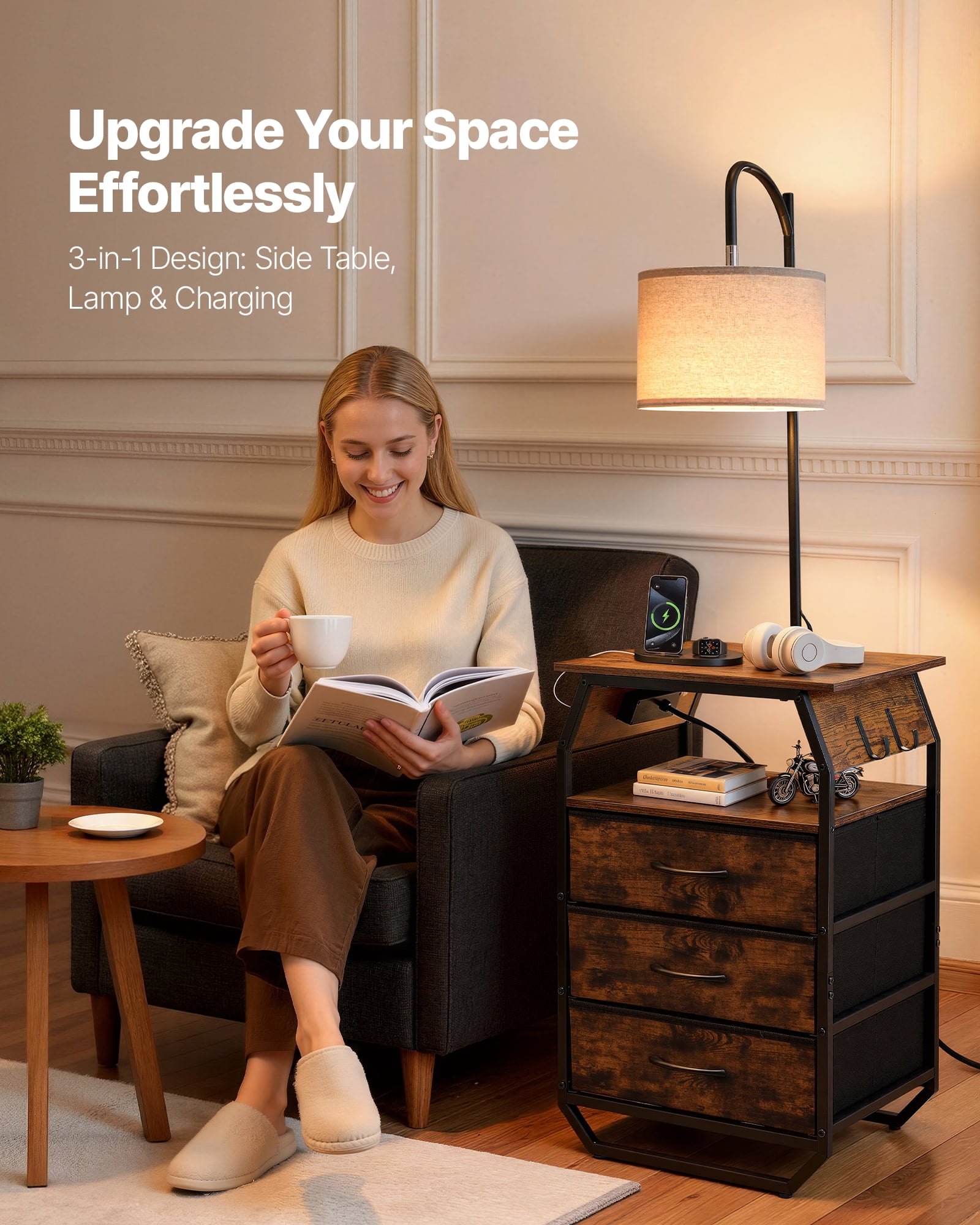 KFFKFF Floor Lamp with Table, End Table Featuring Charging Station, 3 Drawers and Adjustable Lighting, Perfect for Living Room, Bedroom, or Dorm