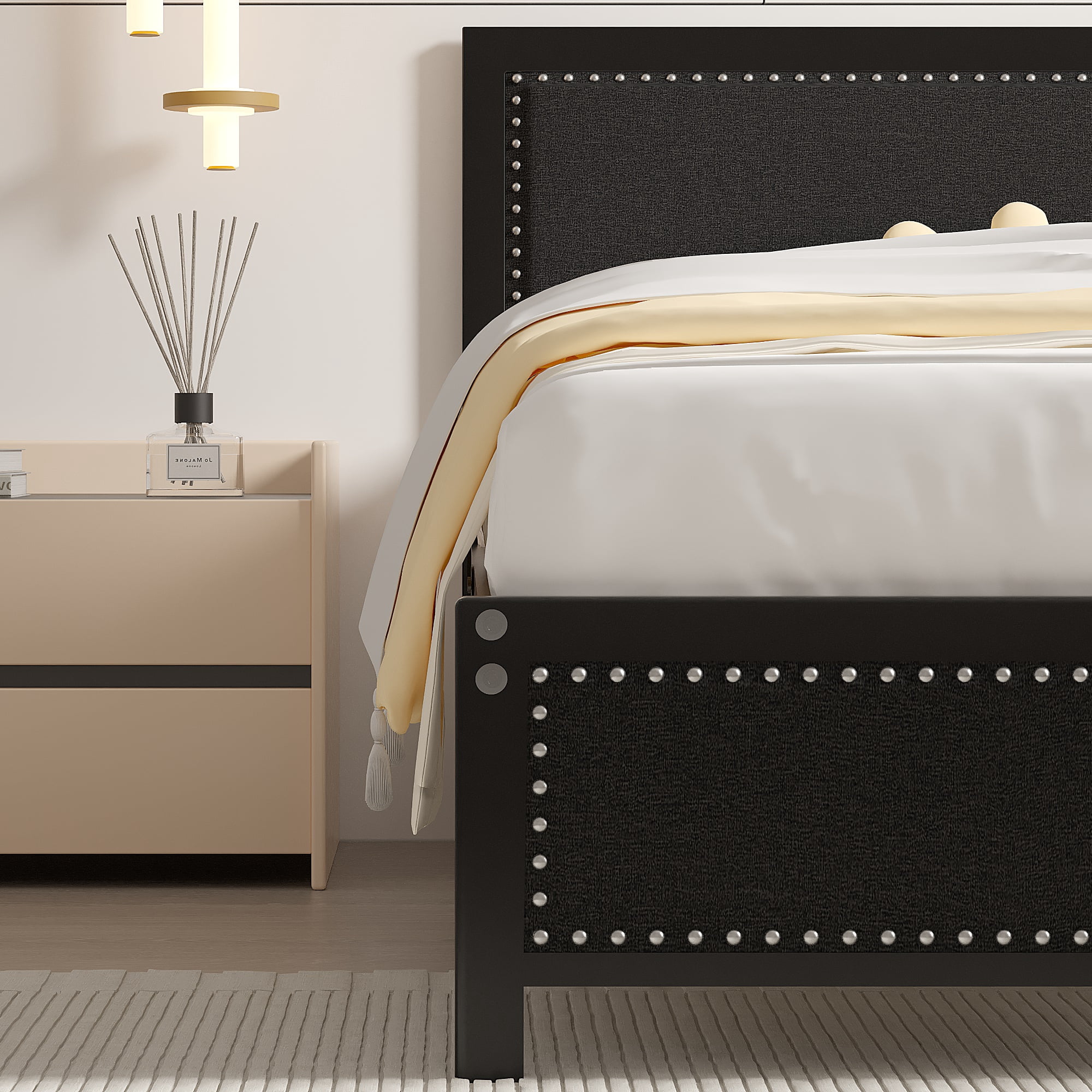VECELO Twin Size Bed Frame Metal Platform Bed with Upholstered Headboard, No Box Spring Needed, Black