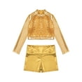 thumbnail image 3 of YiZYiF Kids Girls Glossy Metallic Jazz Hip Hop Dance Outfit Long Sleeve Sequins Crop Top with Dance Shorts Activewear Gold 6, 3 of 7