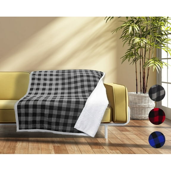 Buffalo Plaid Sherpa Throw TV Blanket, Super Soft Reversible Fleece Blanket for Cabin Bed or Couch, Catalonia series by Terrania, Black Plaid, 50" x 60".