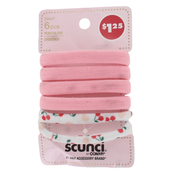 Scunci Ponytailers – Soft Pink & Cherry Print Hair Elastics for Girls, No-Damage Hold, 6-Pack
