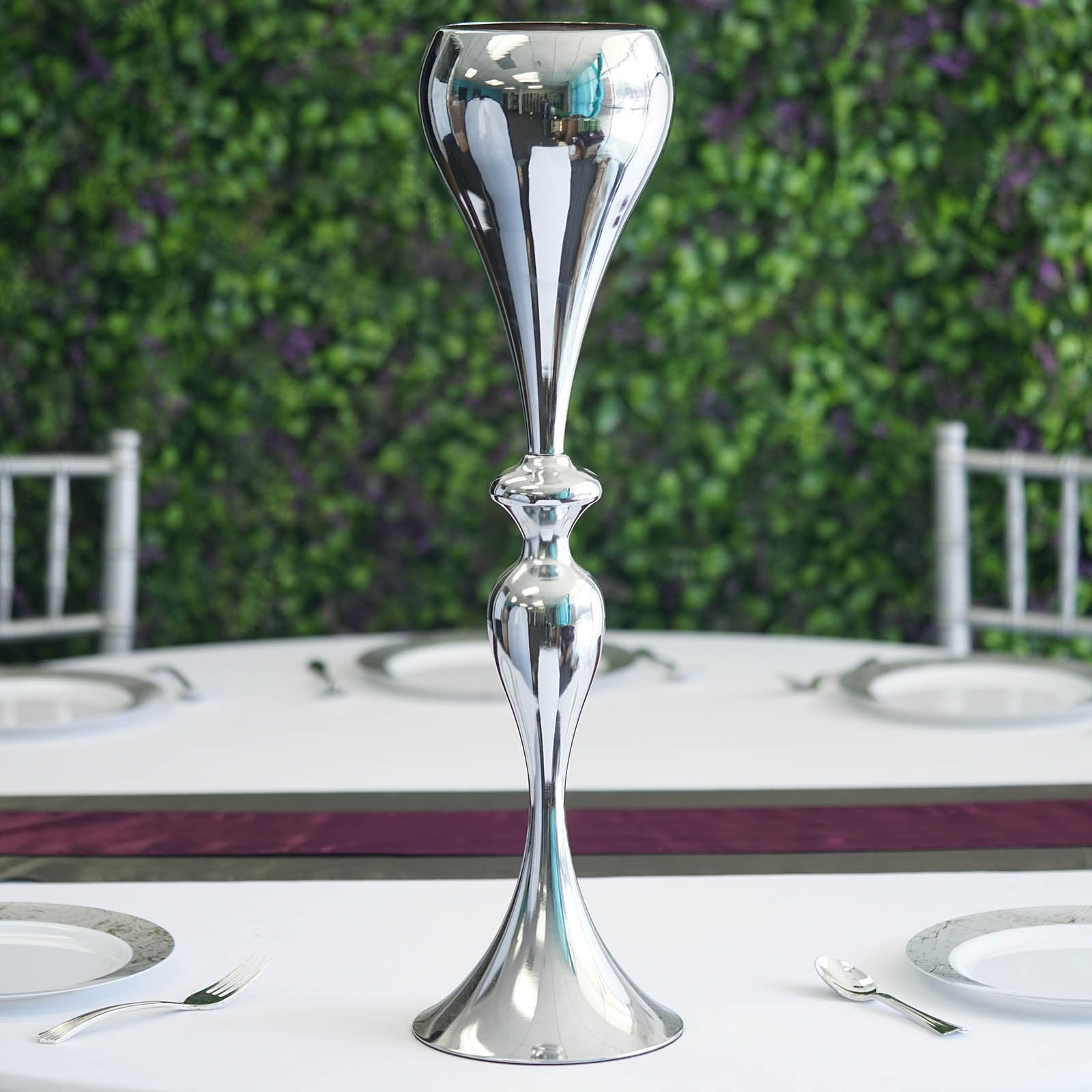 25" Silver Floral Trumpet Vase Riser Tall Metallic Vases Wholesale