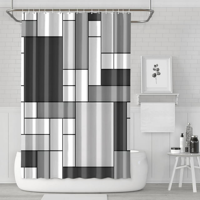 Ensemble de Rideaux de Douche avec Encliquetage, Forme Carrée Ronde Mi-Siècle (5) Rideaux de Douche Imperméables, Doublure de Douche Décorative en Polyester, Rideaux de Salle de Bain, 72x72 Pouces