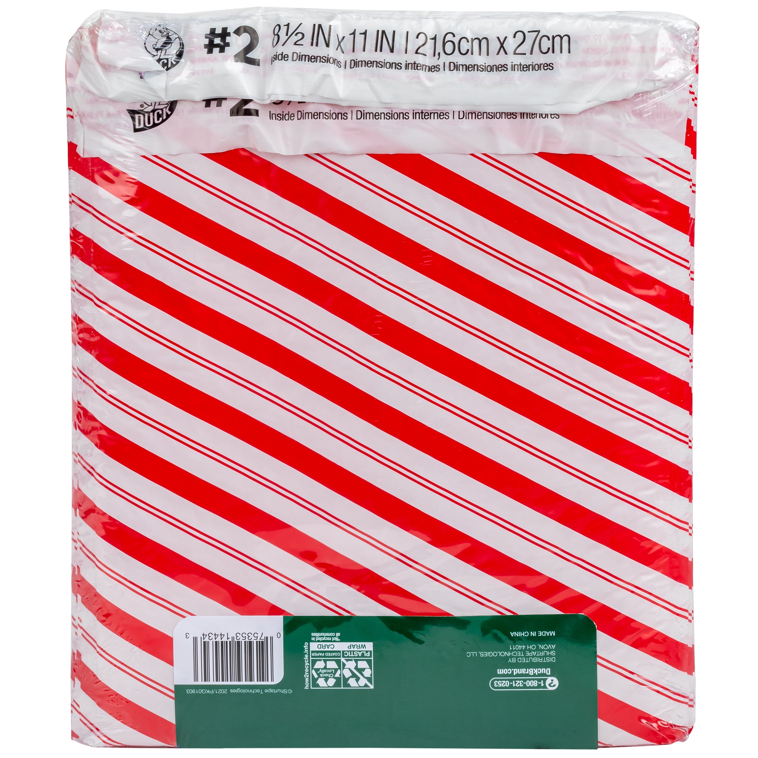 Duck Self-Seal Poly Bubble Mailer #2, 8.5" x 11", Candy Cane Print, 5 Pack
