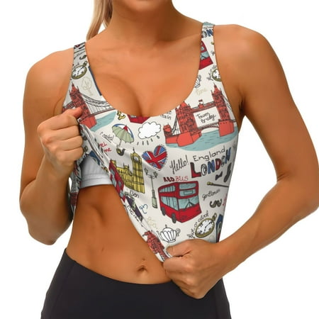 Qokaie London Landmark1 Pattern Womens Scoop Neck Sports Bra Breathable Workout Vest Padded U Back Medium Impact Fitness Gym Yoga Bra Workout Crop Top