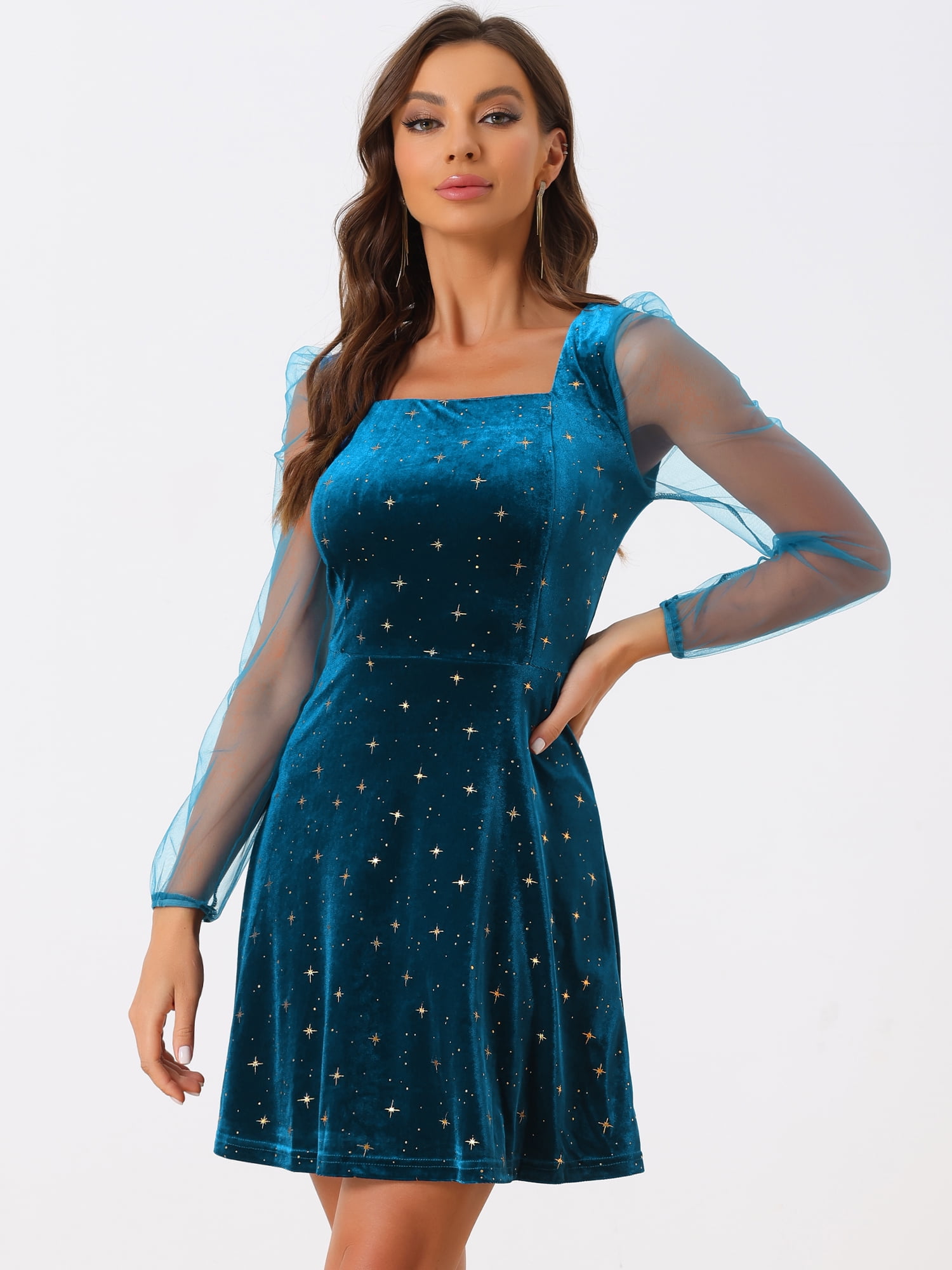 DARING DIVA Square Neck Mesh Sheer Sleeve Glitter Star Velvet Mini Dress L Dark Blue