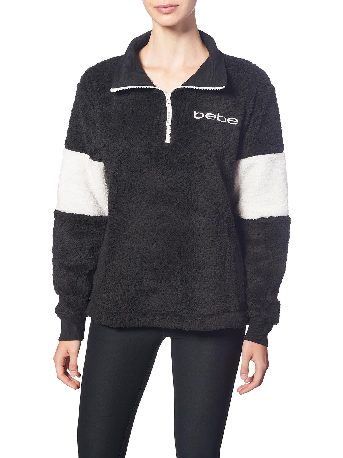 Bebe Sport Womens Sherpa Colorblock 1 4 Zip Pullover Black L Walmart Com