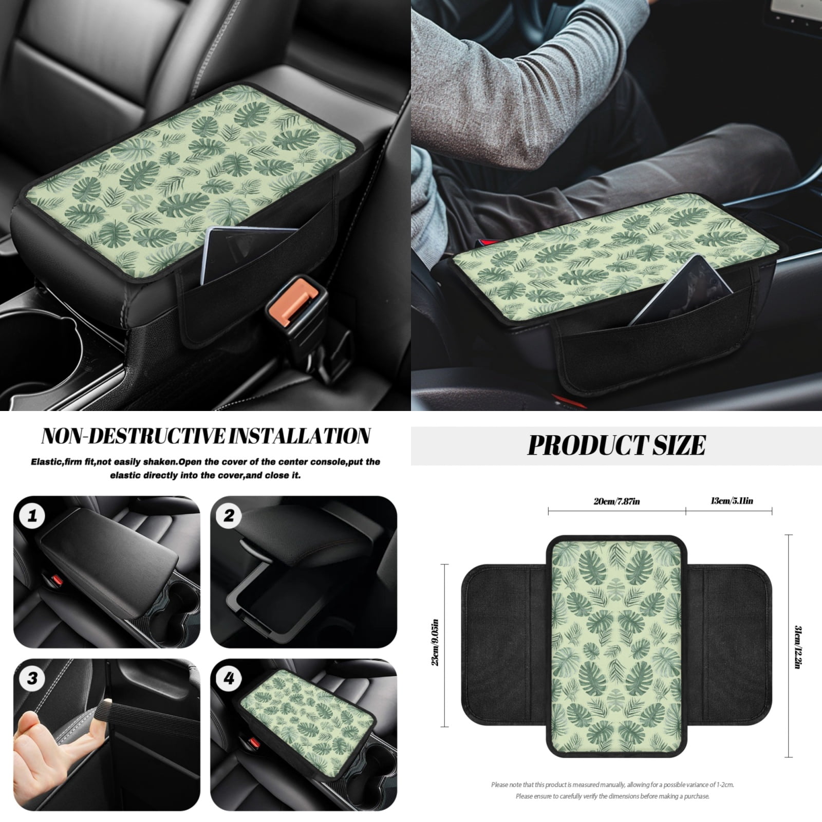 Jeiento Green Leaves 14 PCS Car Seat Cover Full Set with Auto Steering Wheel Cover Seat Belt Strap Pads Cup Coasters Trash Bag Rearview Mirror Cover Armrest Cover Pad Handbrake Cover Set Accessory
