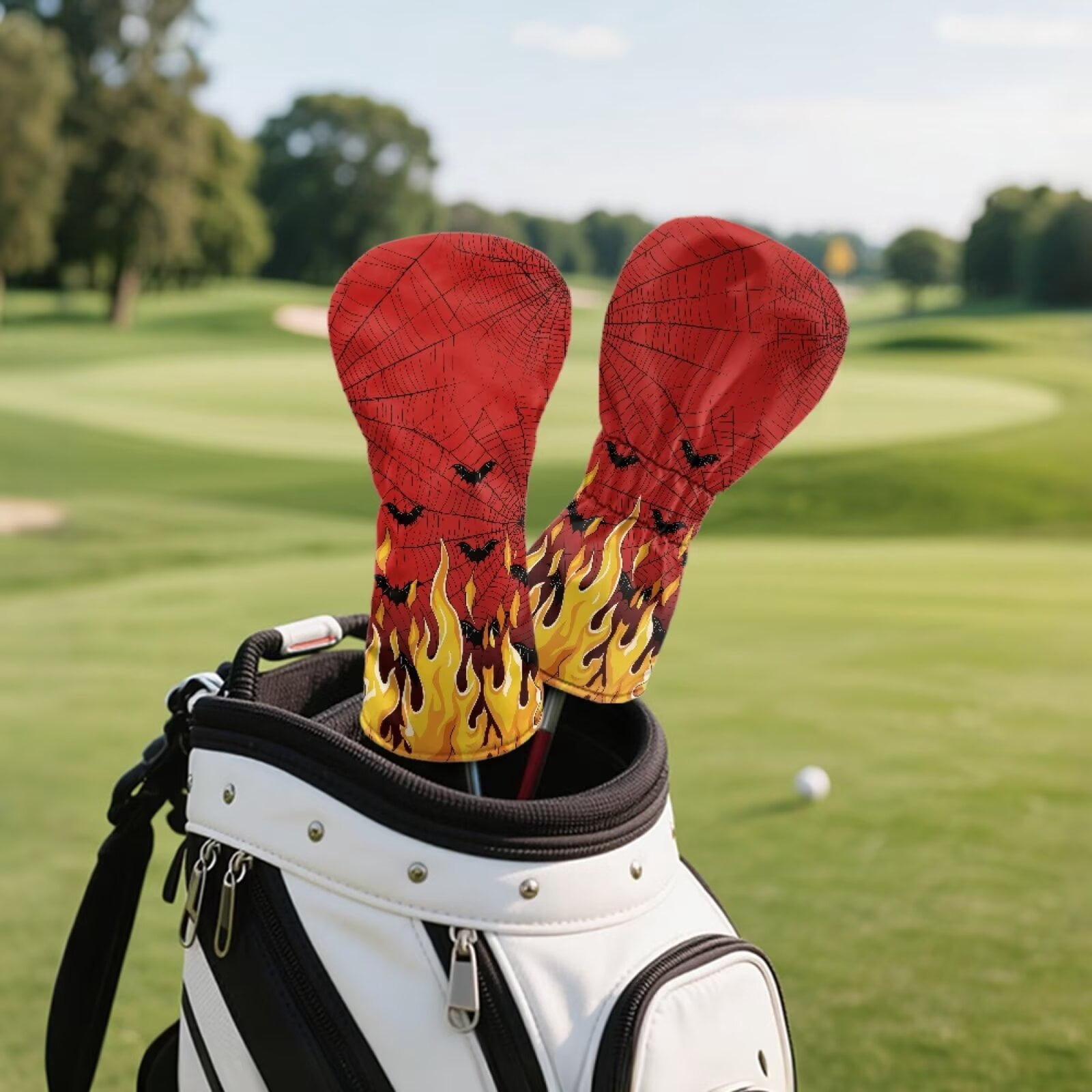 Uorisanigo Golf Club Covers Set for Driver, Fairway Wood and Hybrid Soft PU Leather Fire Red Black Bat Golf Club Head Covers, 3 Pack Set Essential Golfing Accessories, Easy to Use