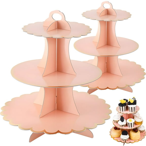 Set of 2 3-Tier Dessert Tray, Paper Dessert Stand with Pink Petal Edges, Easy Assembly with Central Handle