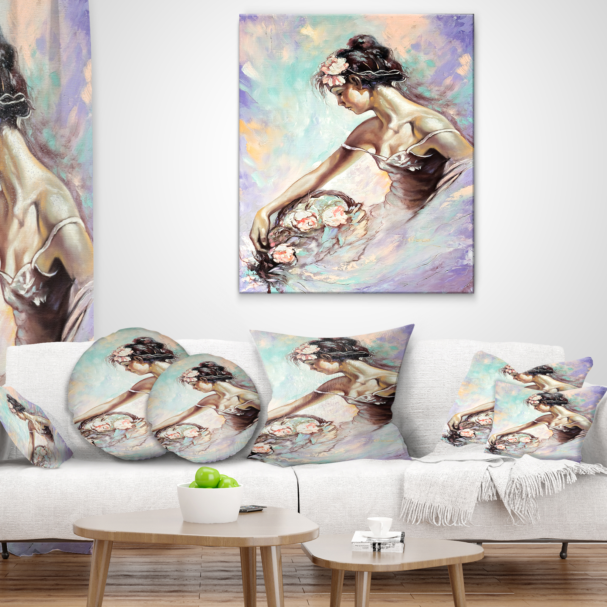 Designart Girl with Flower Bouquet - Floral Throw Pillow - 12x20