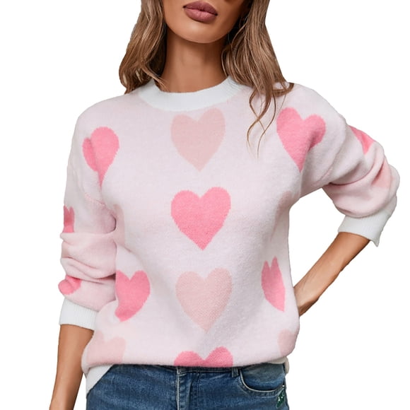 Outfmvch womens sweaters crew neck sweatshirts Love Heart Grahic Valentine's Day Round Neck Knitted Hoodie Valentine's Day Sweater christmas sweaters for women Knit Sweater Pullover Tops White S