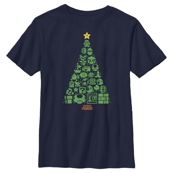 Boy's Nintendo Christmas Tree Mosaic  Graphic Tee Navy Blue Small