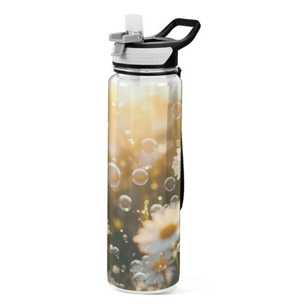 

32oz Transparent Sports Water Bottle with Straw BPA Free Tritan for Kids Adults Outdoor School Gym Fitness A Field Of Daisies
