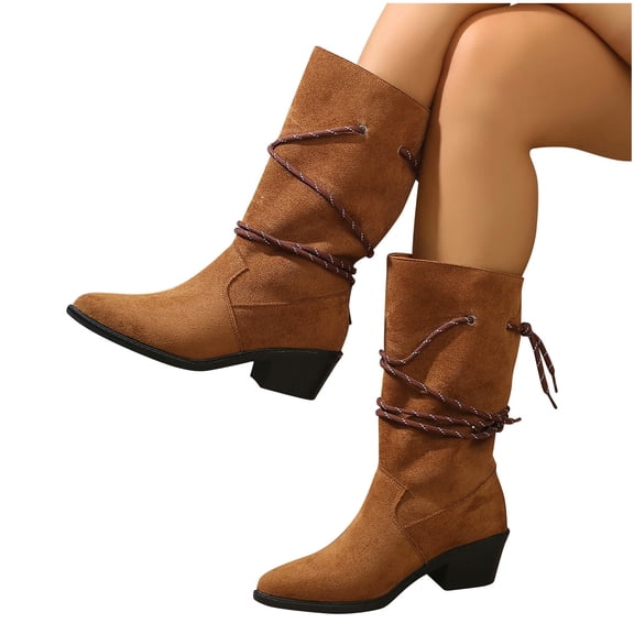 Suede Mid Calf Boots for Women Cowboy Boots Pointed Toe Low Heel Booties Fashion Dressy Pull on Wide Calf Solid Color Comfortable Shoes