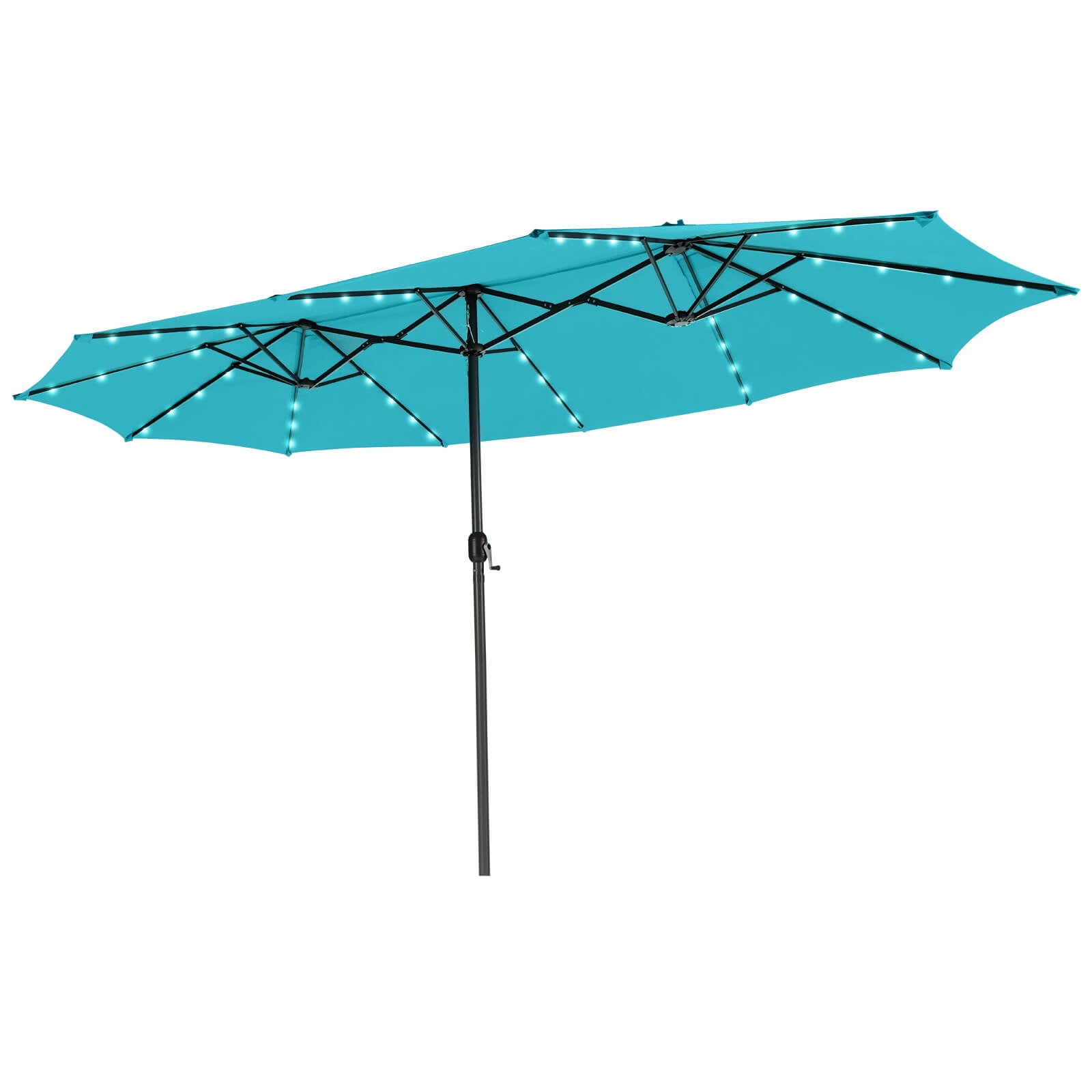 Costway 15 FT Twin Patio Double-Sided Umbrella 48 Solar LED Lights Crank Outdoor Turquoise
