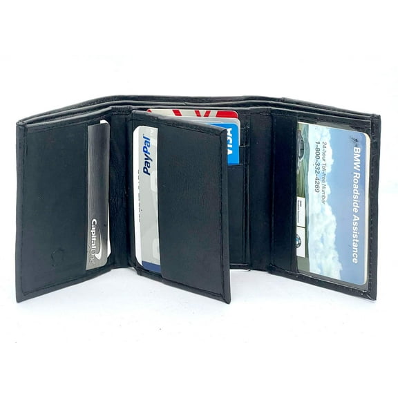 Black Genuine Leather Men's Trifold Wallet Credit Card Holder ID Window