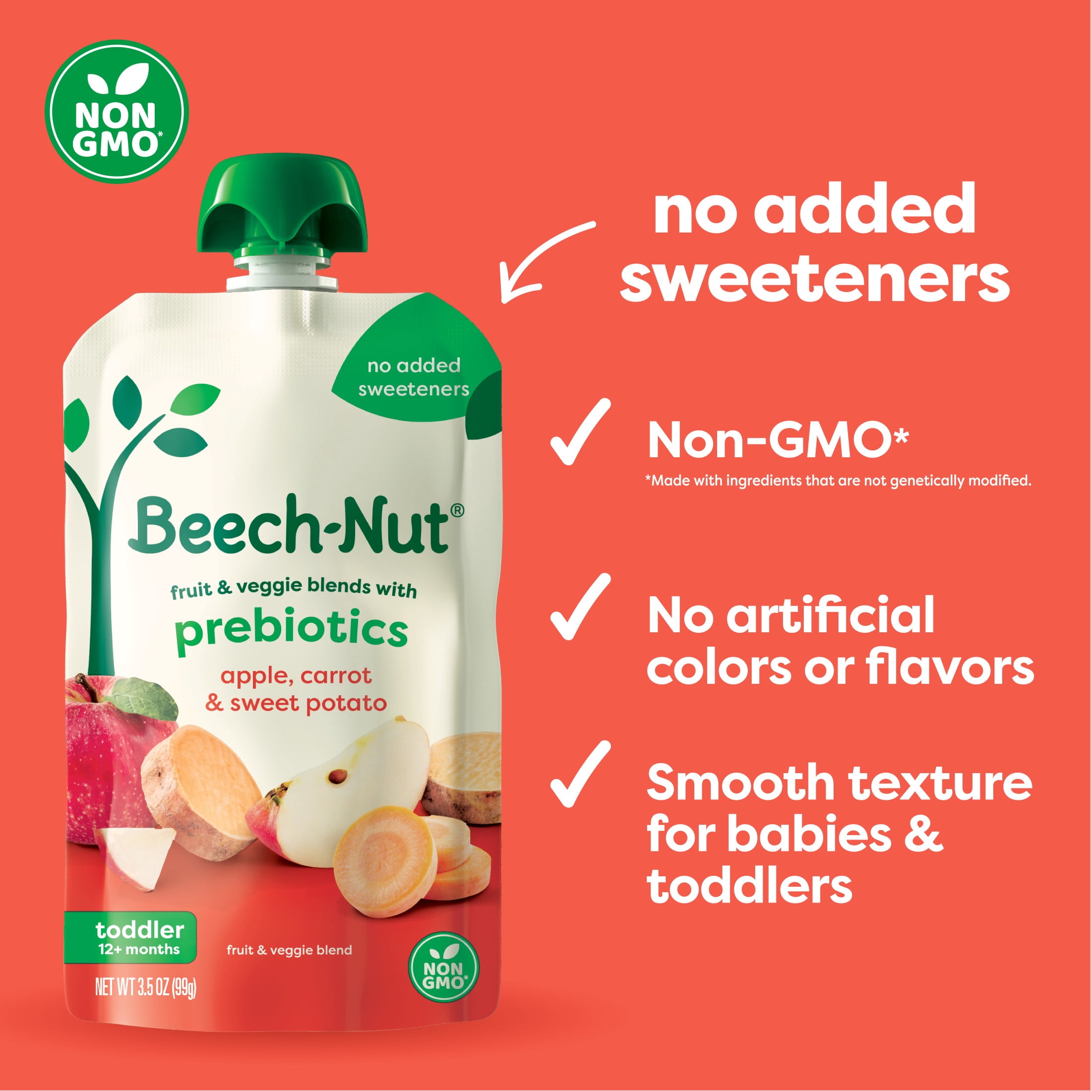 (3 pack) Beech-Nut Prebiotic Fiber Stage 4 Toddler Food, Carrot Apple & Sweet Potato, 3.5 oz Pouch
