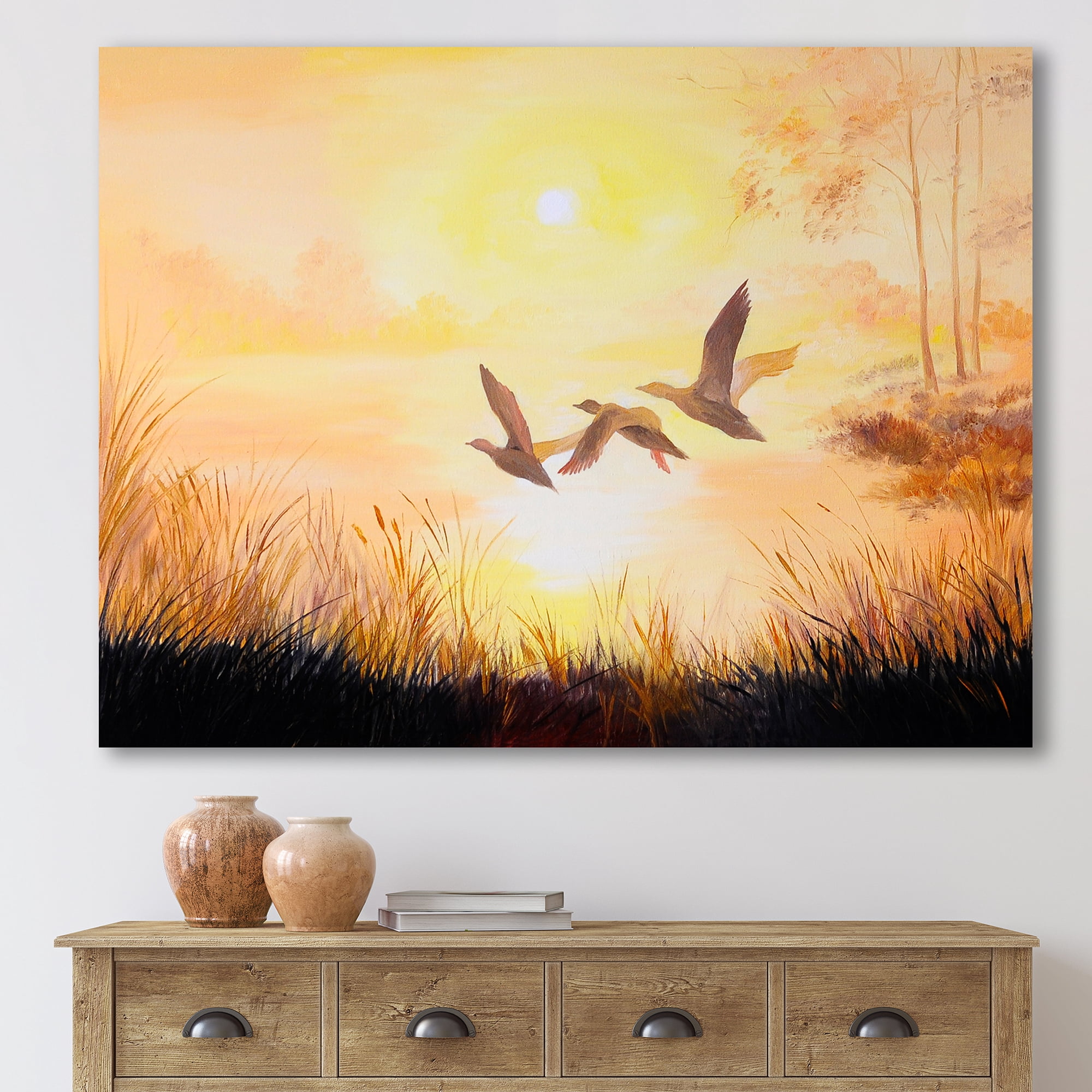 Designart ' Three Cranes Flying Through Warm Sunset ' Traditional Canvas Wall Art Print