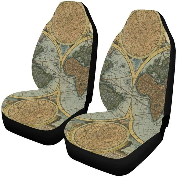 RYLABLUE Set of 2 Car Seat Covers Vintage World Map Universal Auto Front Seats Protector Fits for Car,SUV Sedan,Truck