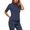 thumbnail image 4 of Camisetas de media manga INSPIRE CHIC para mujeres, blusa de cuello alto, blusas casuales, tops sólidos elásticos y suaves de longitud hasta el codo, XL gris azul, 4 of 6