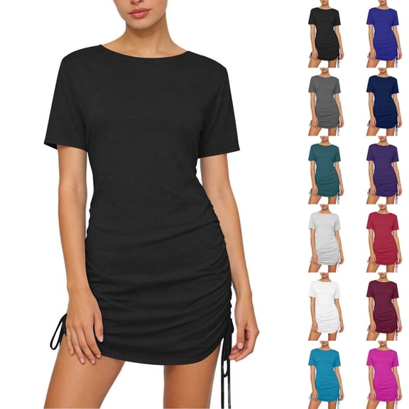 Juesizh Dresses for Women Plus Size Round Neck Mini Dress Fashion Stretch Solid Color Side Drawstring Summer Dress, S-3XL