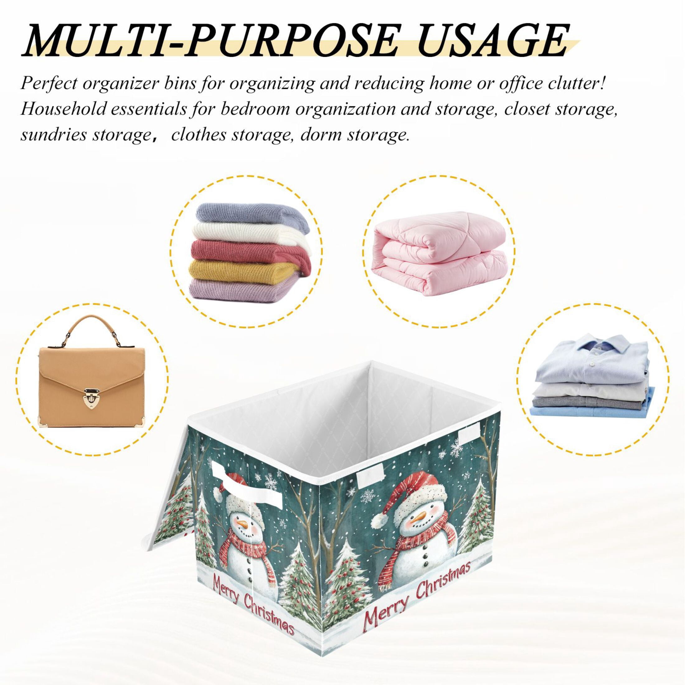 Storage Box With Lid 16.5x12.6x11.8In Foldable Stacked Household Storage Box Santa Hat Snowman Picture