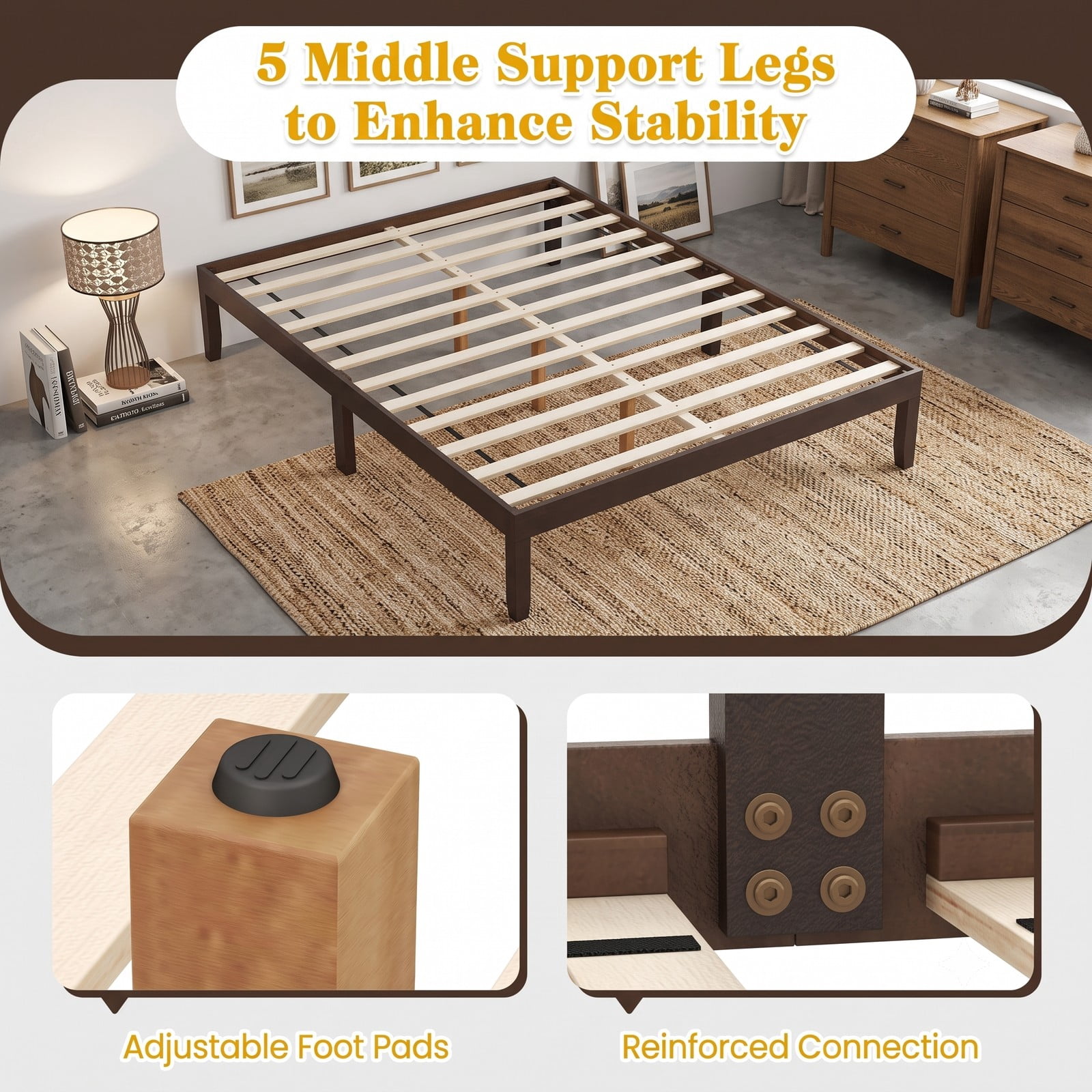 Furnibear Queen Size Bed Frame, Wood Platform Bed Frame with Slat Support and Rubber Wood Legs, Low Profile Queen Platform Bed No Box Spring, Espresso
