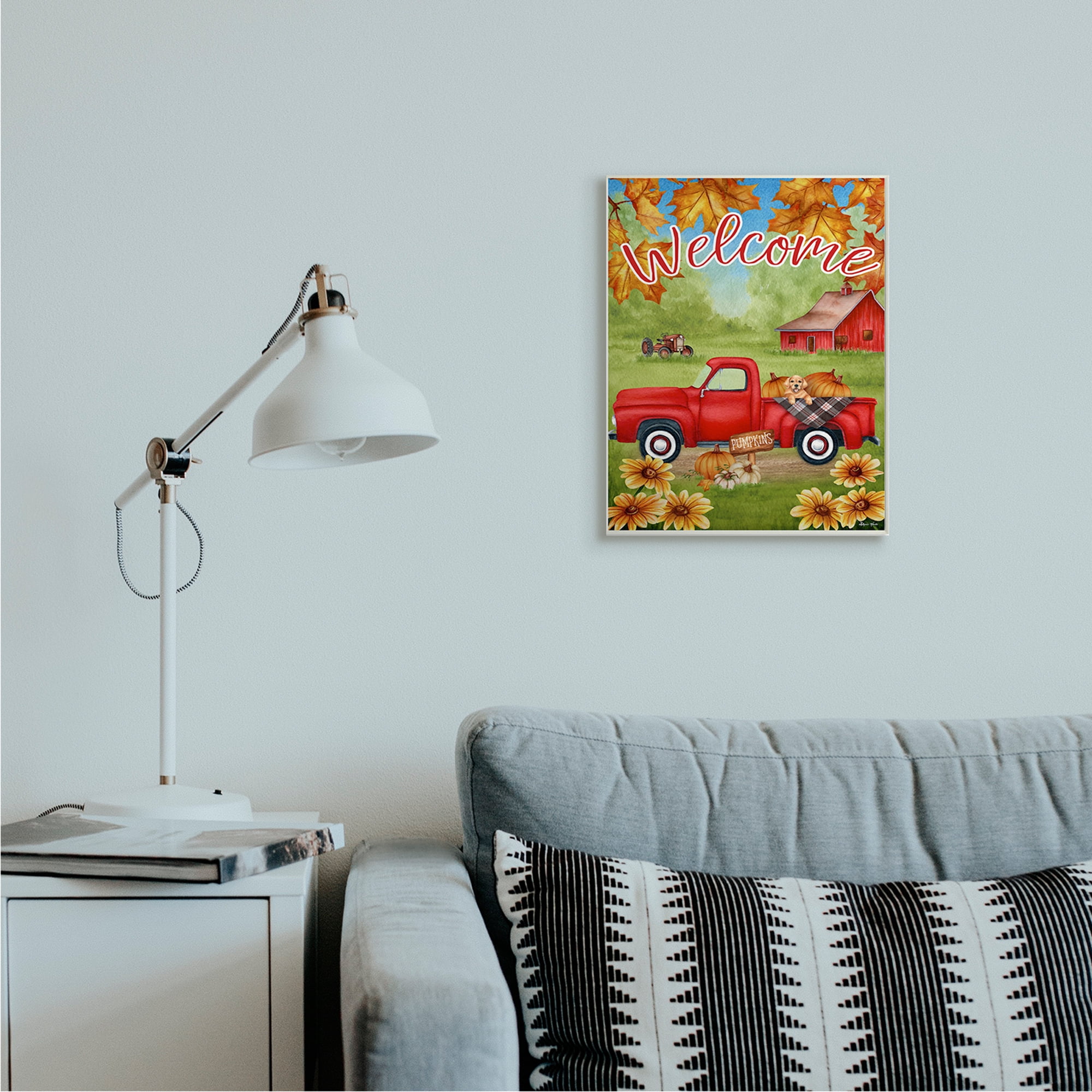 Welcome Red Farm Truck Autumn Leaves Design 13 in x 19 in Framed Painting Art Prints, by Stupell Home Décor