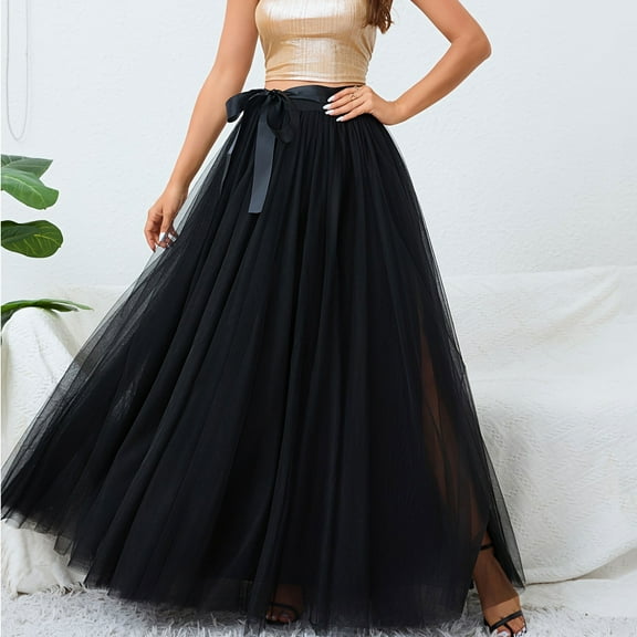 Ndbuld Maxi Skirts for Women High Waisted Elastic Long Floral Skirt Women Casual Summer Large Solid Elastic Waist Flax A-line Ankle Skirt Gift for Adults,Black,M