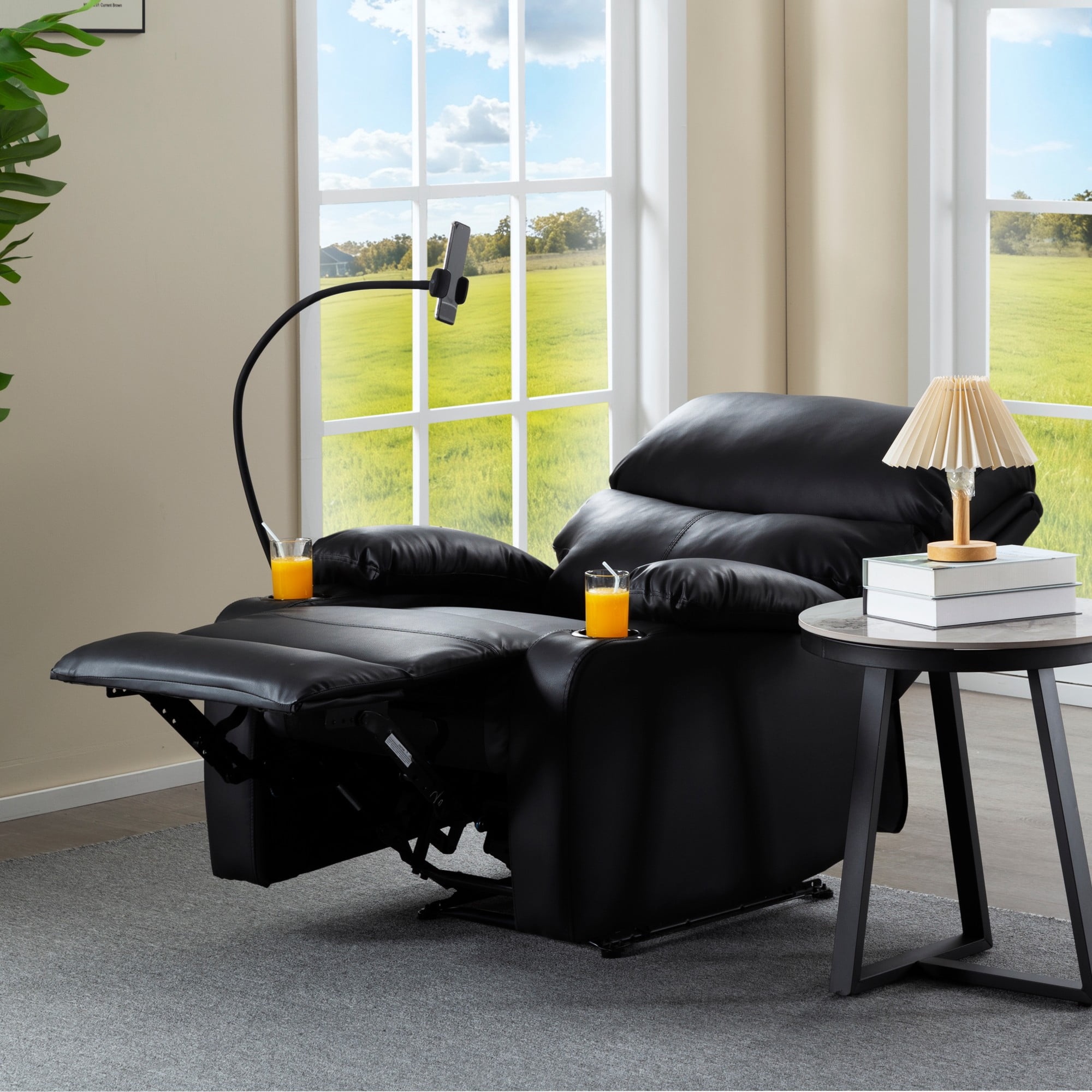 Gewnee Black PU Manual Recliner - Solid Wood & Metal Frame, Foam Cushion with Phone/Cup Holders for Home Office