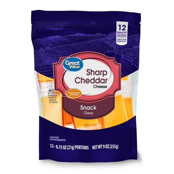 Great Value Sharp Cheddar Snack Cheese, 9 oz, 12 Count