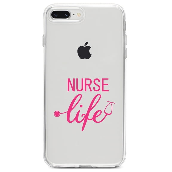 DistinctInk Clear Shockproof Hybrid Case for iPhone 7 PLUS / 8 PLUS (5.5" Screen) TPU Bumper Acrylic Back Tempered Glass Screen Protector - Nurse Life Stethoscope Pink